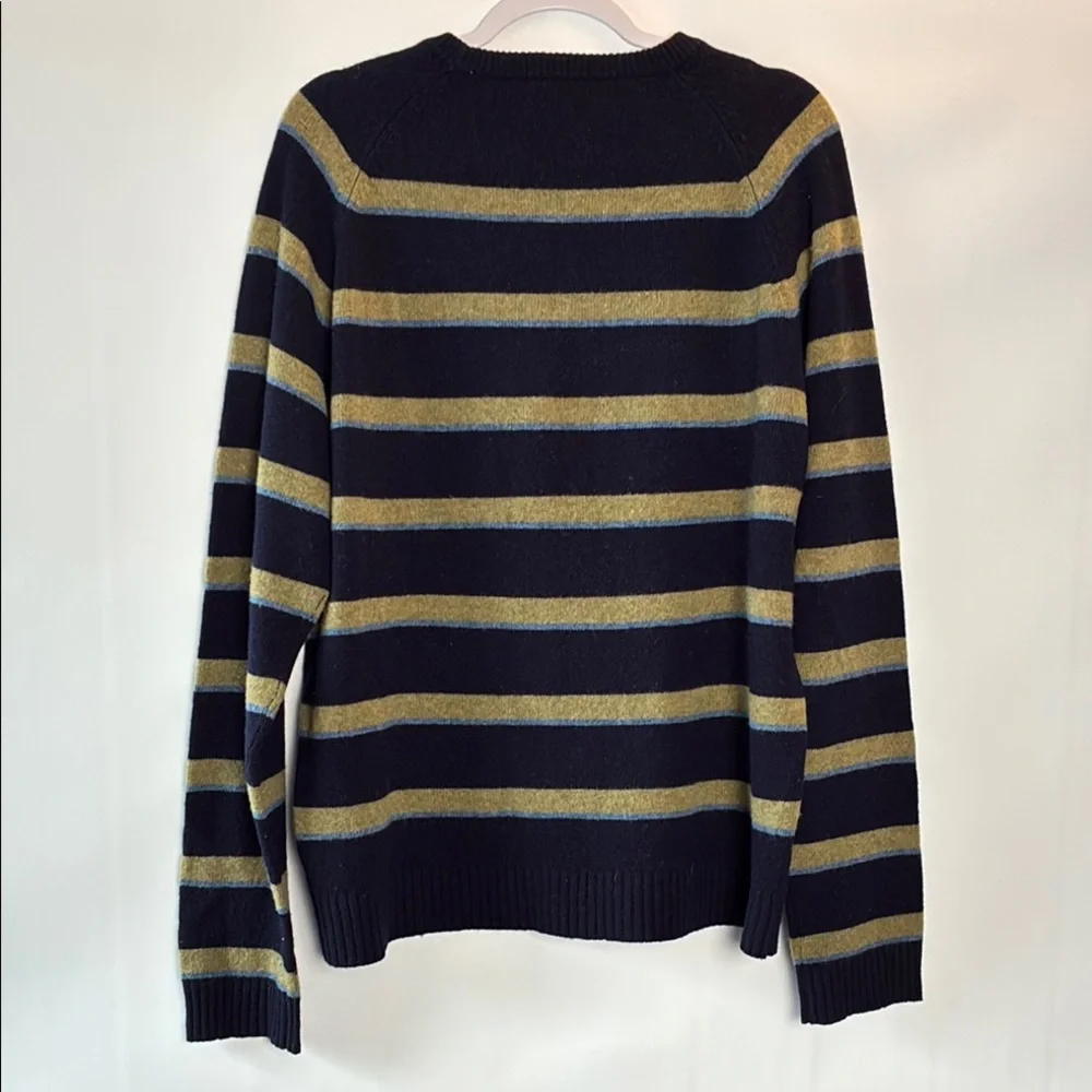 J. Crew Men's Wool Pullover Sweater in Navy Blue and Green Stripes